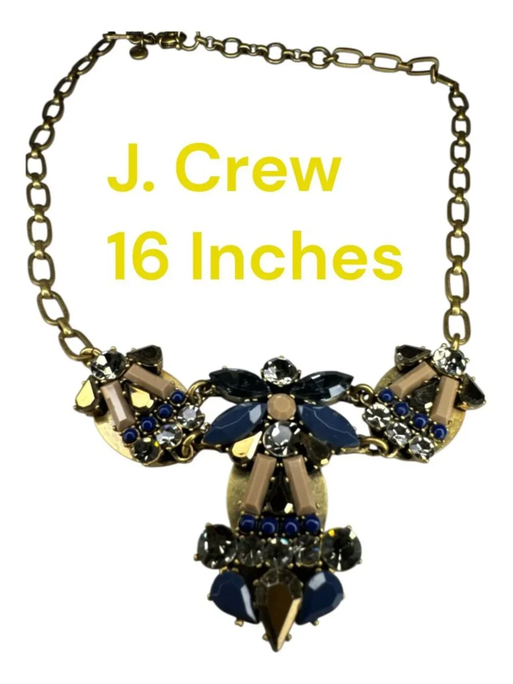 J.Crew Statement Necklace Blue Rhinestone Crystal Gold Tone Bib Necklace 16